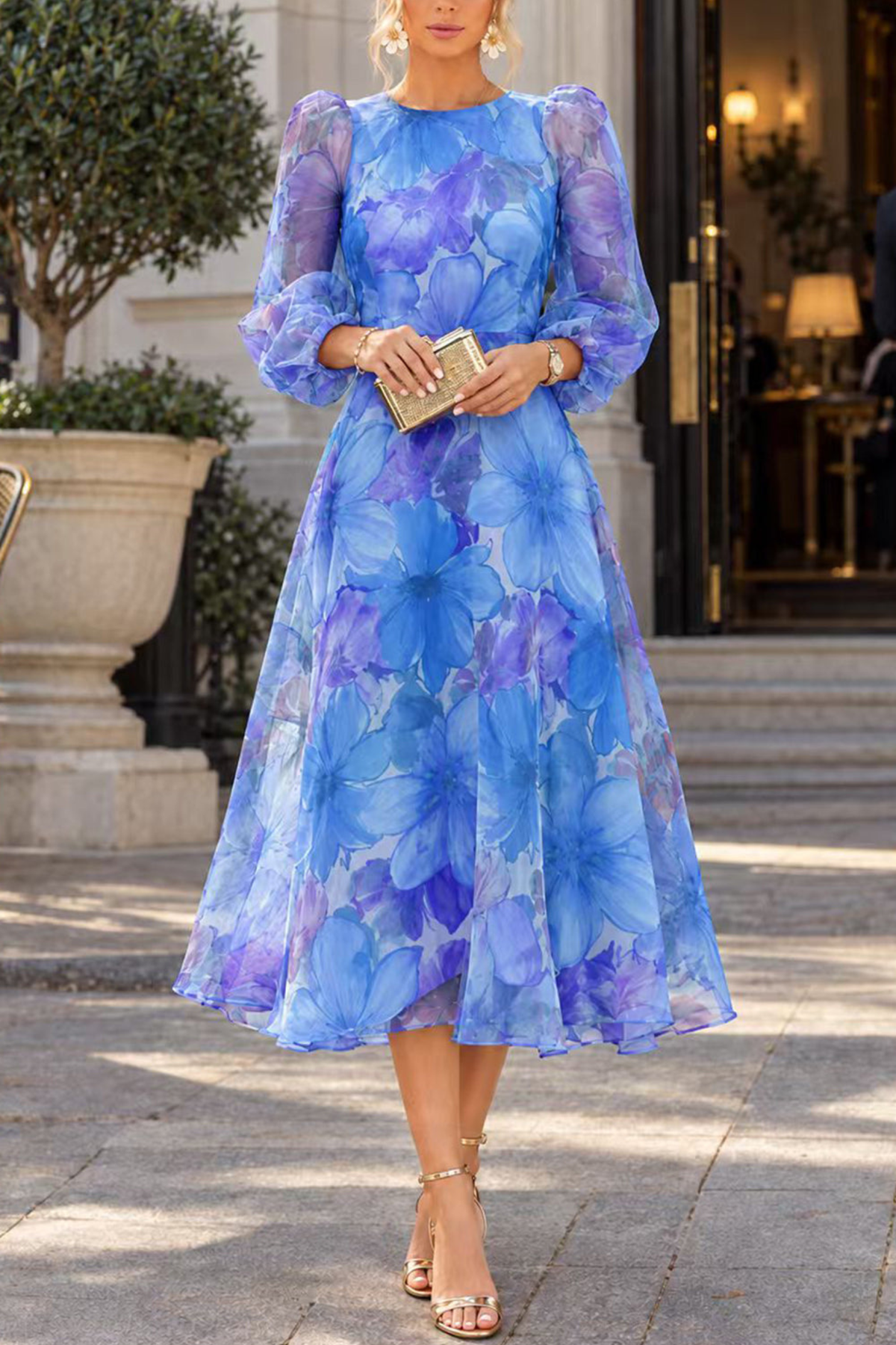 Floral Print Long Sleeve A-Line Midi Dress