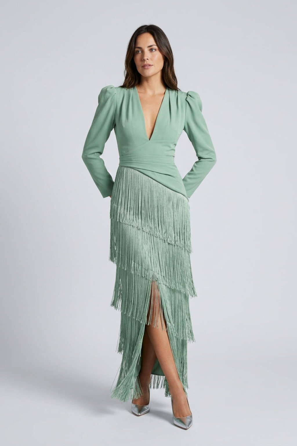 Fringe Motion Deep V Maxi Dress