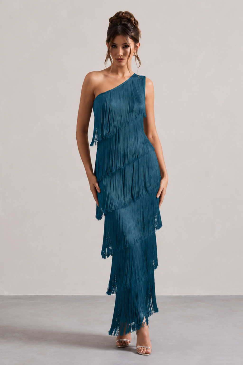 Fringe One Shoulder Column Maxi Dress