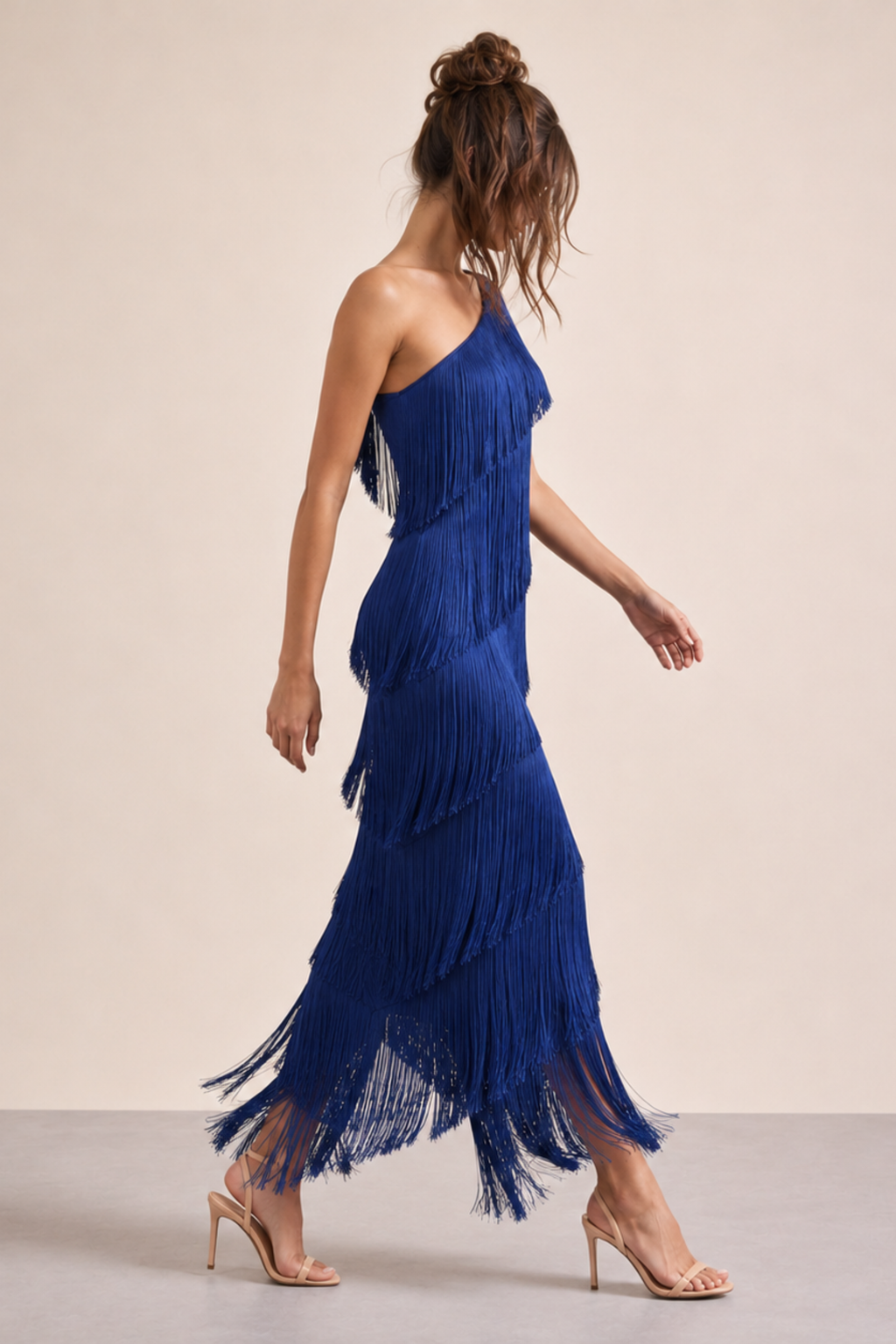 Fringe One Shoulder Column Maxi Dress