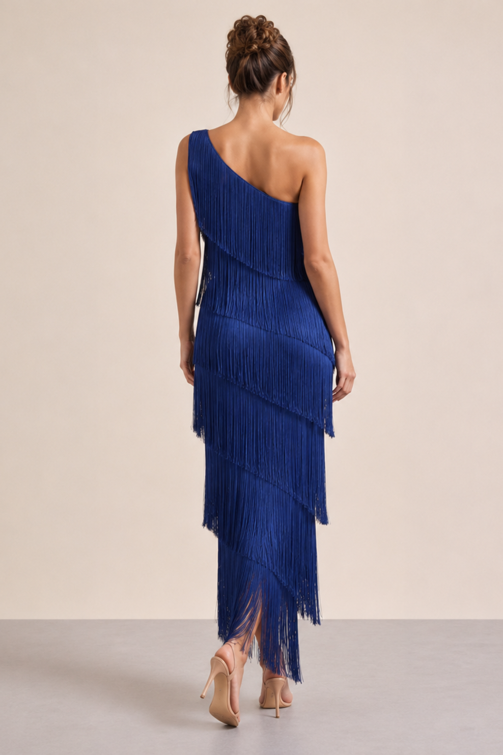 Fringe One Shoulder Column Maxi Dress