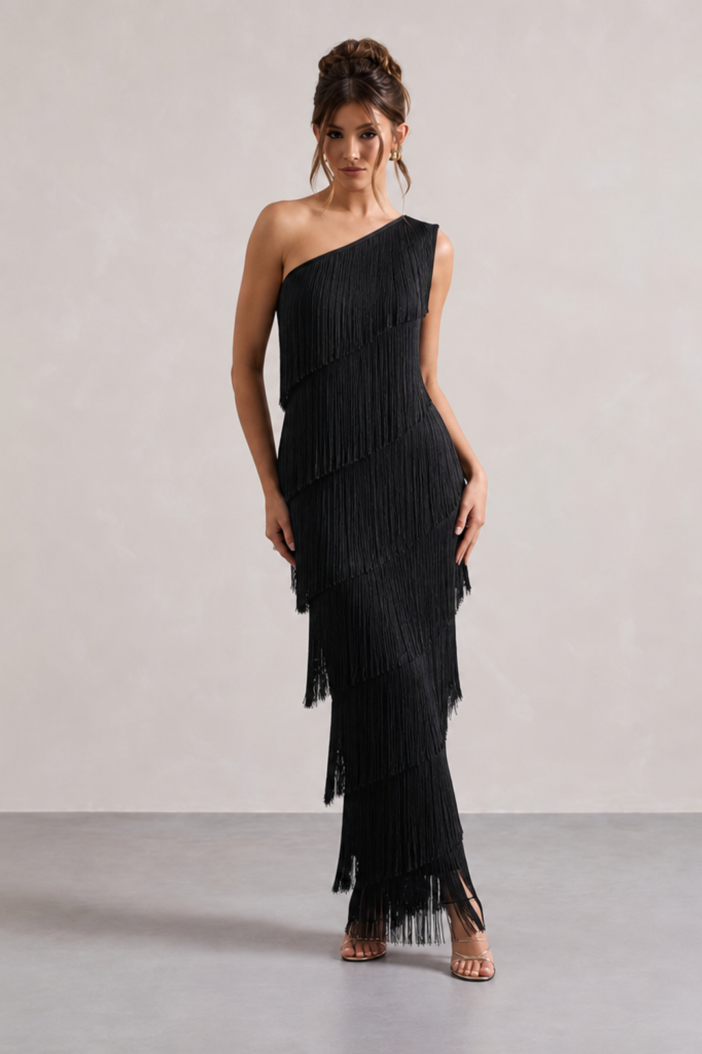 Fringe One Shoulder Column Maxi Dress