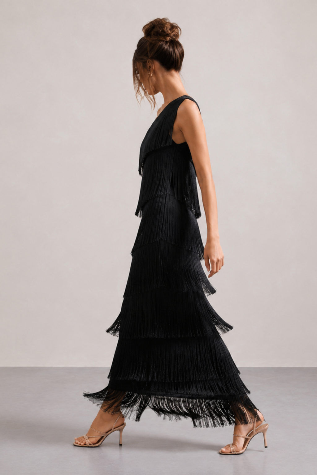 Fringe One Shoulder Column Maxi Dress