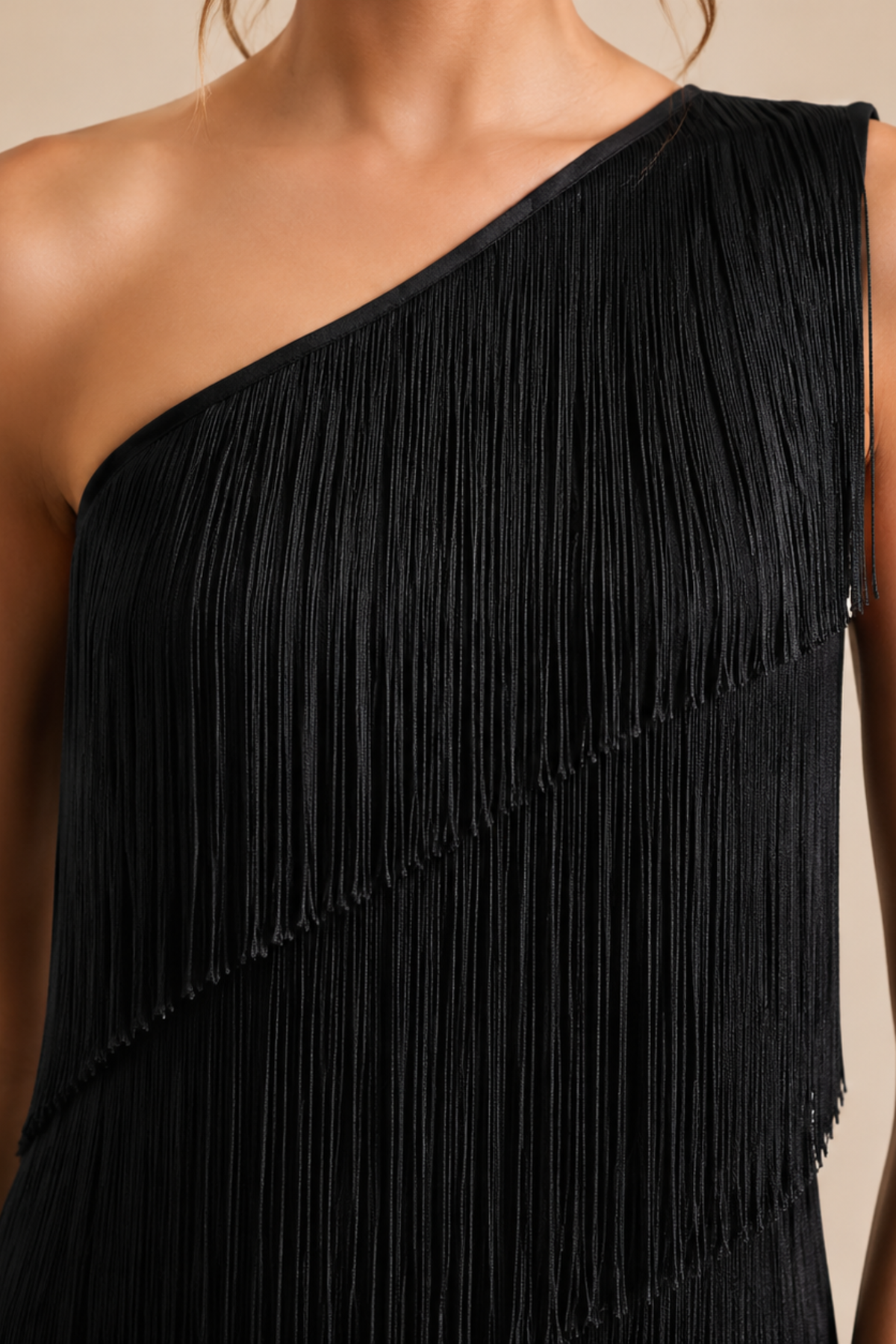 Fringe One Shoulder Column Maxi Dress