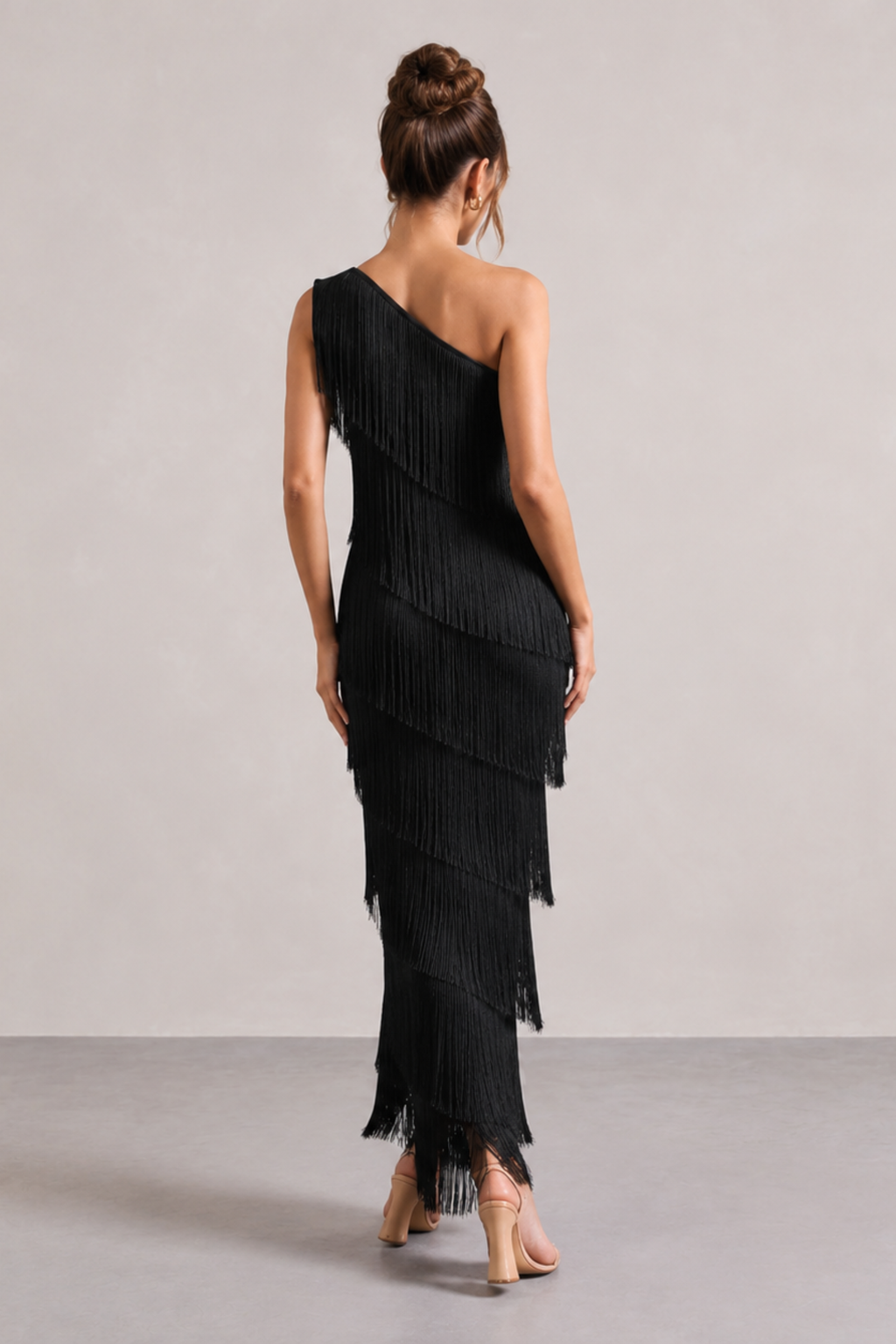 Fringe One Shoulder Column Maxi Dress