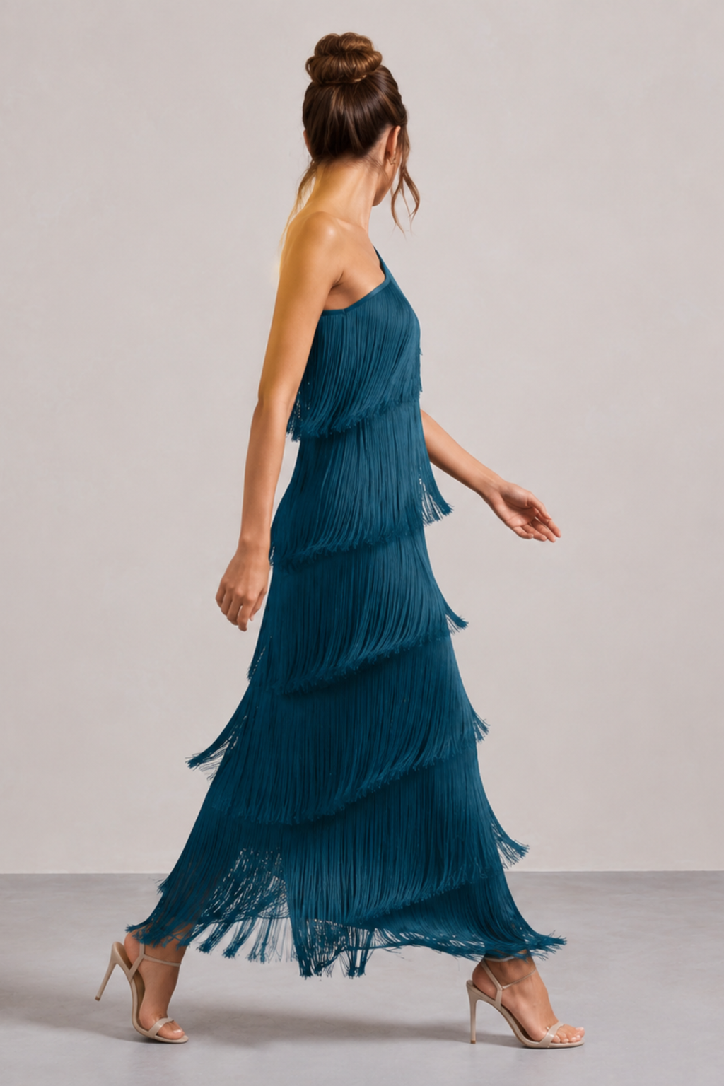 Fringe One Shoulder Column Maxi Dress