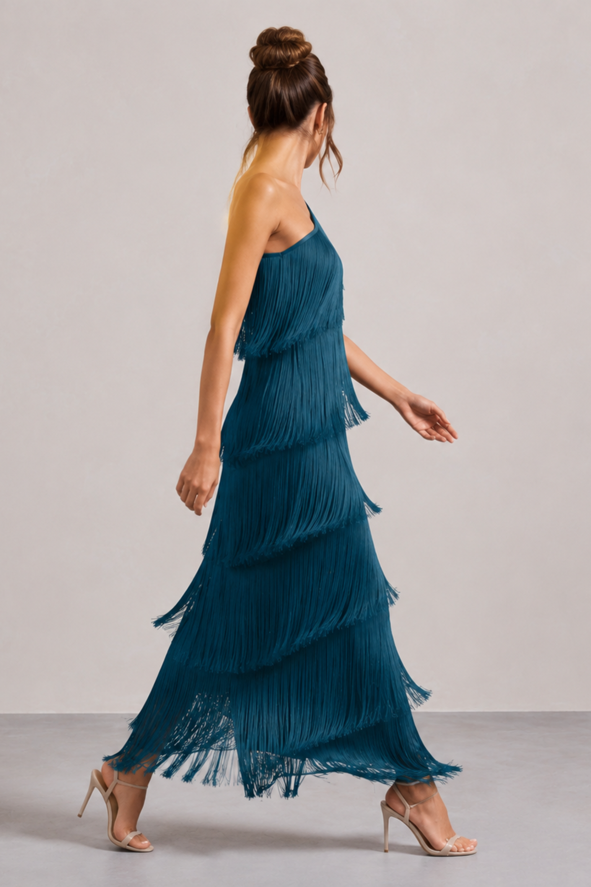 Fringe One Shoulder Column Maxi Dress