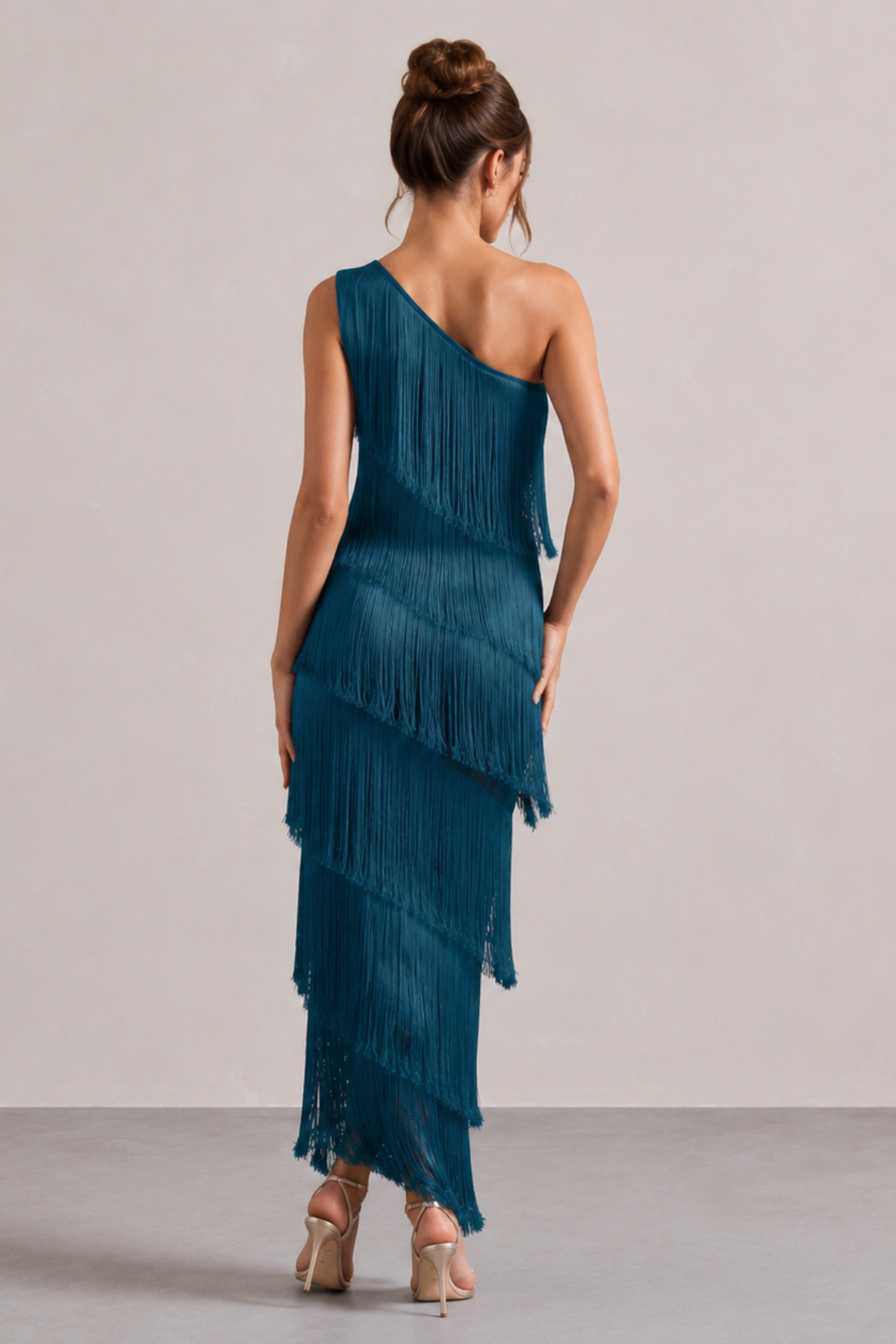 Fringe One Shoulder Column Maxi Dress