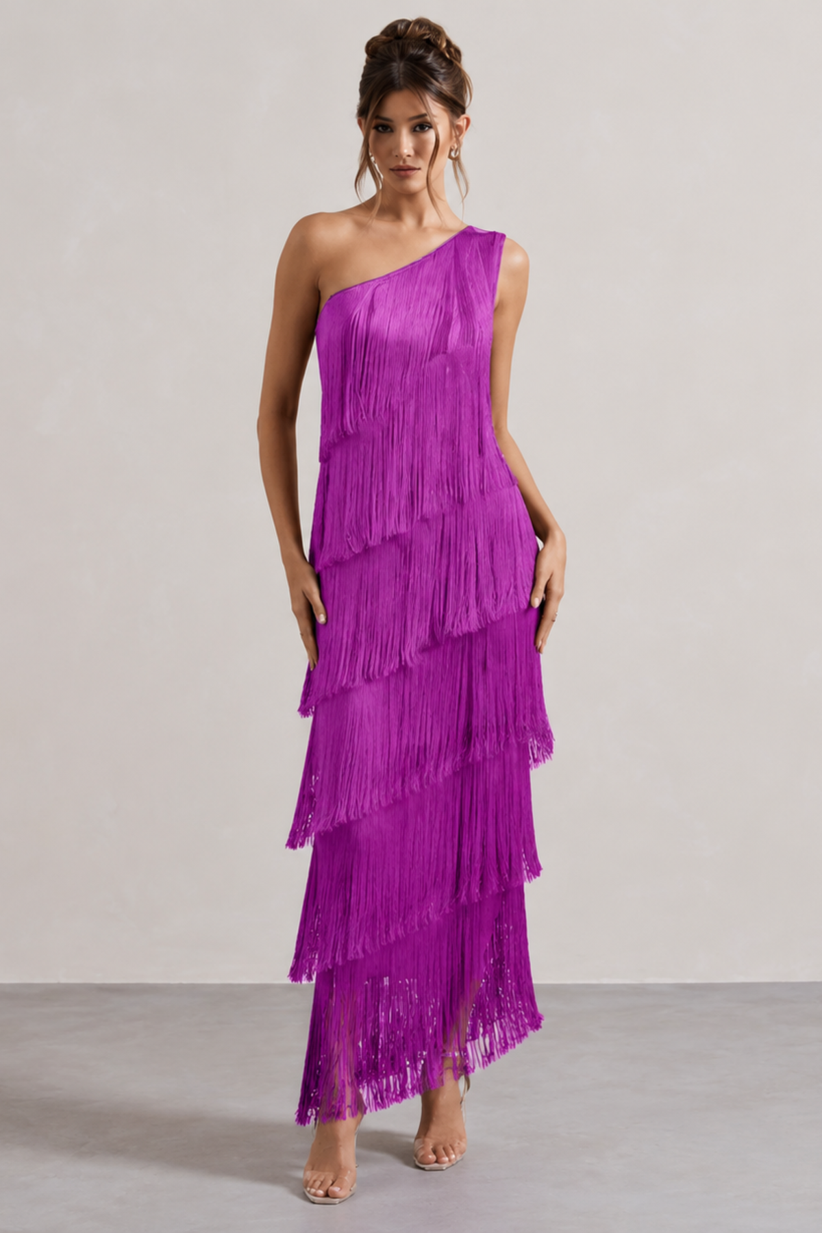 Fringe One Shoulder Column Maxi Dress