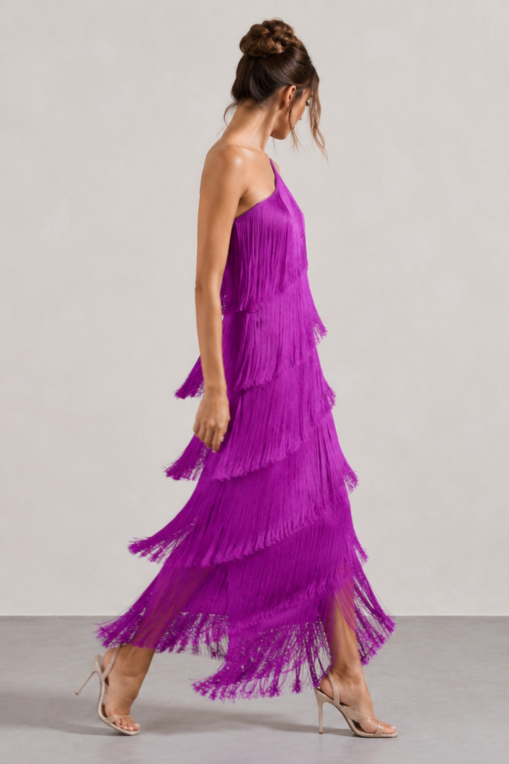 Fringe One Shoulder Column Maxi Dress