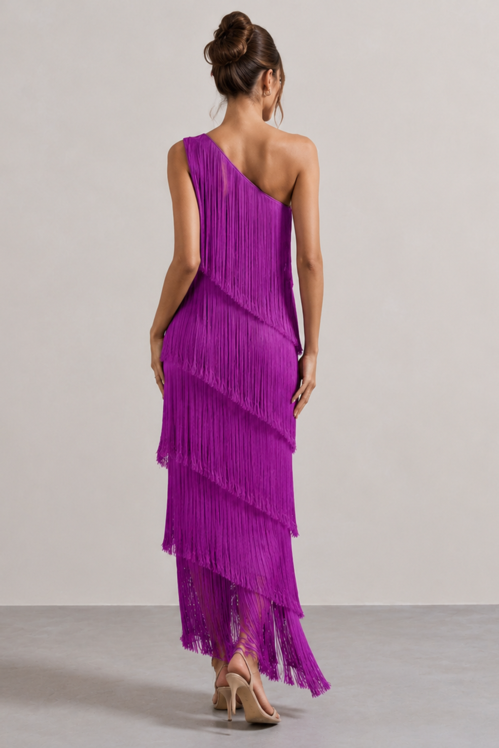 Fringe One Shoulder Column Maxi Dress
