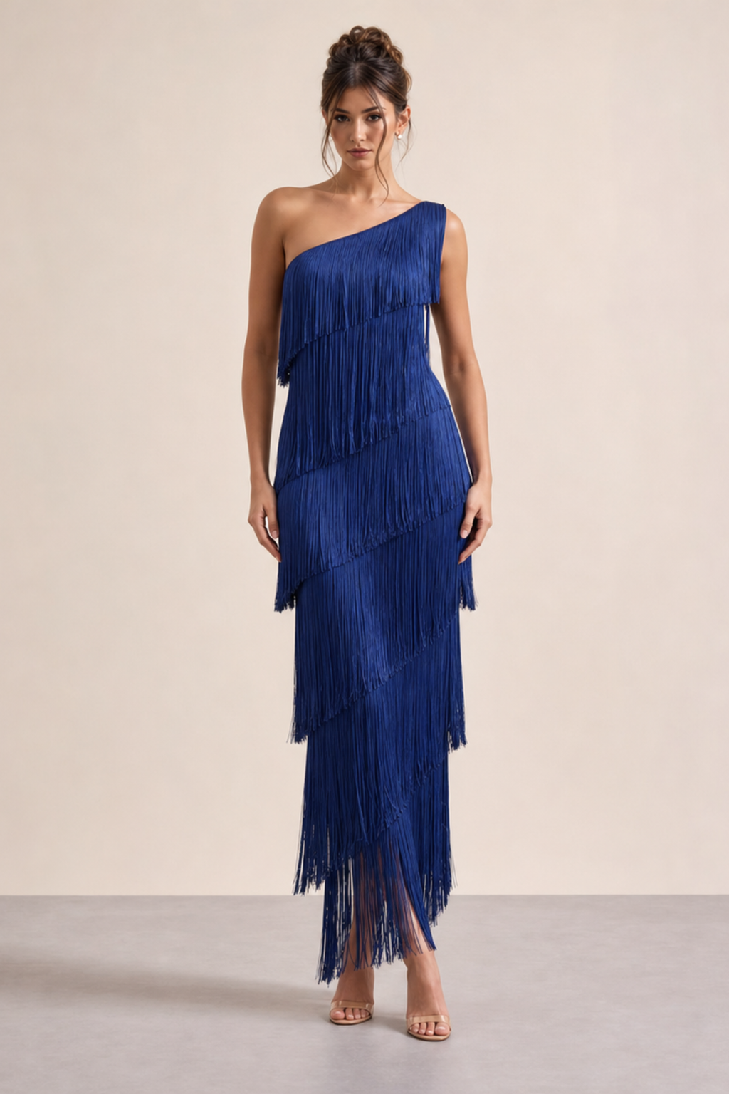 Fringe One Shoulder Column Maxi Dress