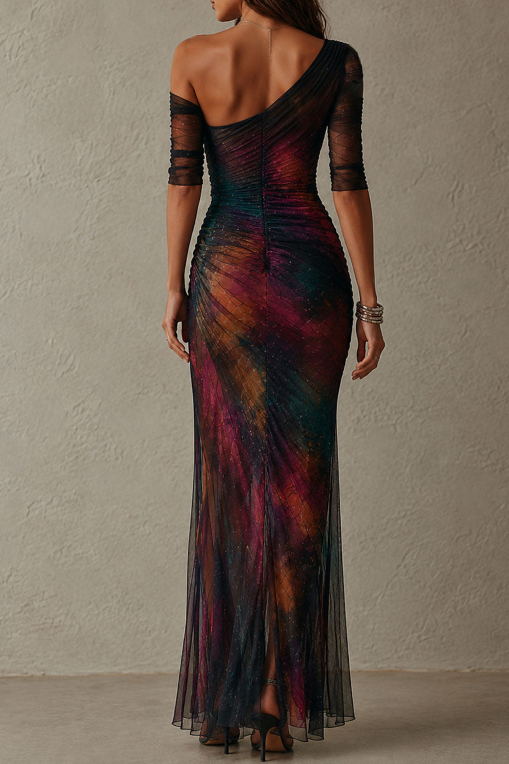 Galaxy Print One Shoulder Ruched Maxi Dress