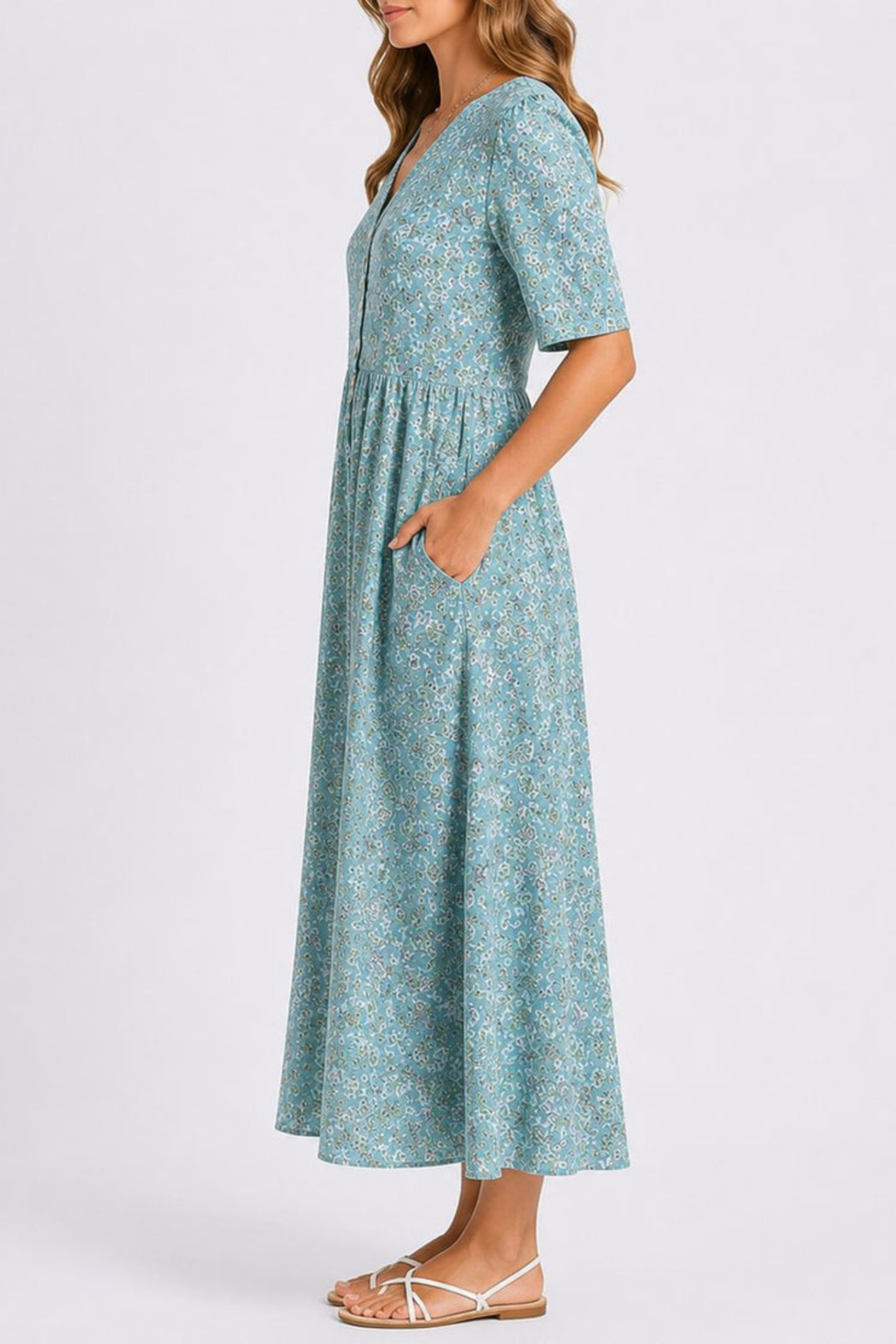 Gathered Waist Floral Midi Dress