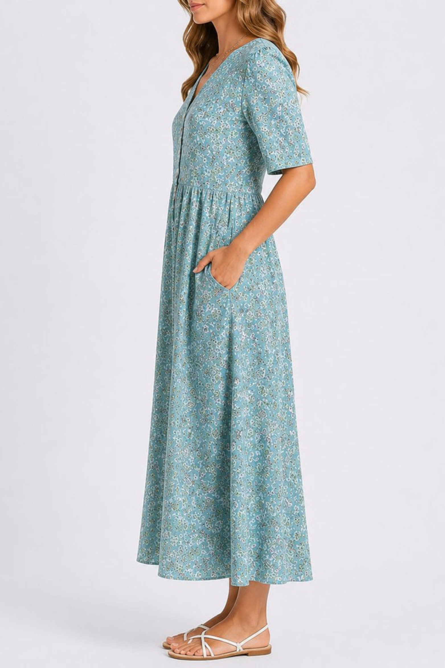 Gathered Waist Floral Midi Dress