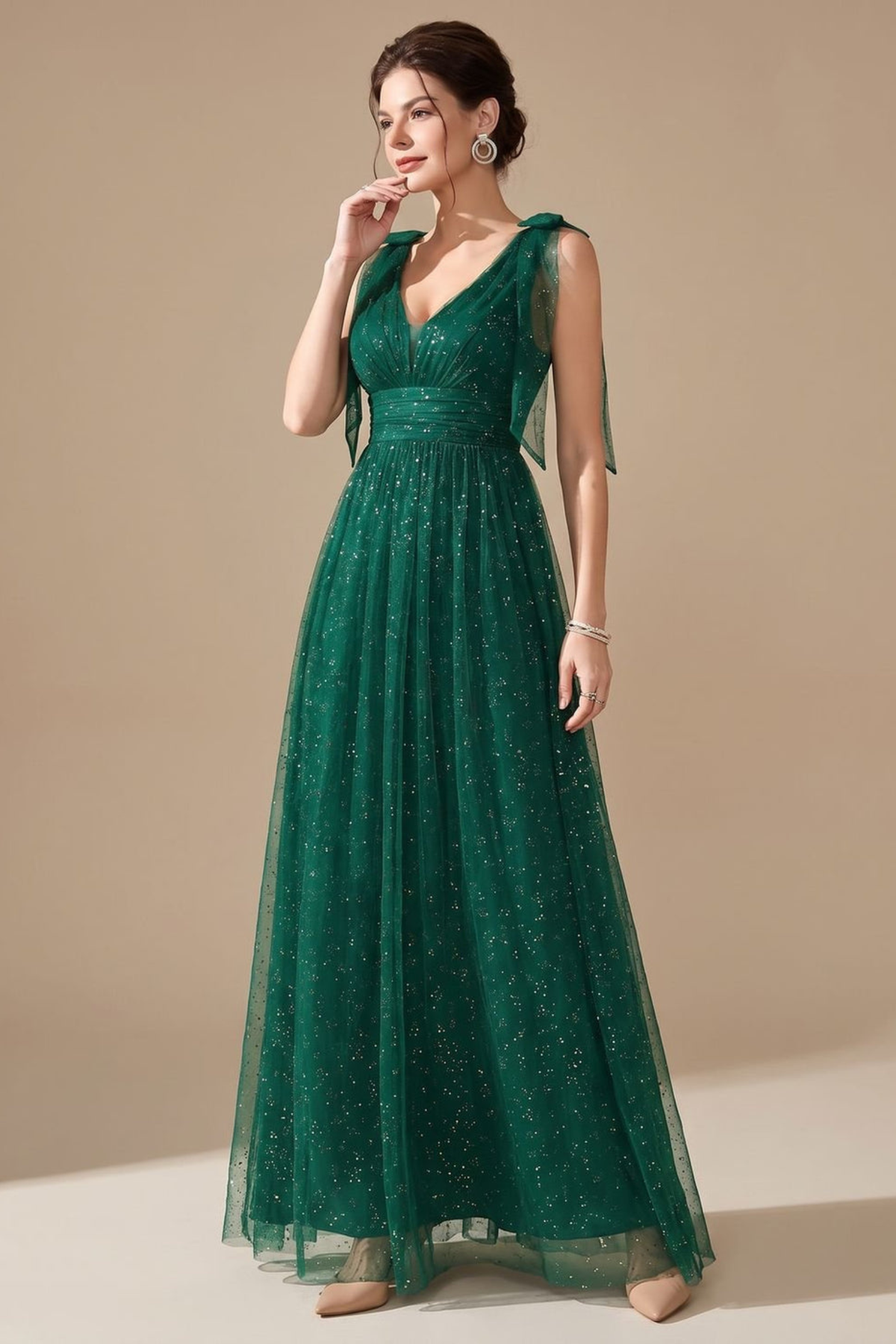 Glitter Sequin V Neck Formal Maxi Dress