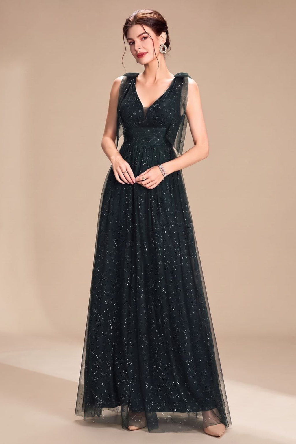 Glitter Sequin V Neck Formal Maxi Dress