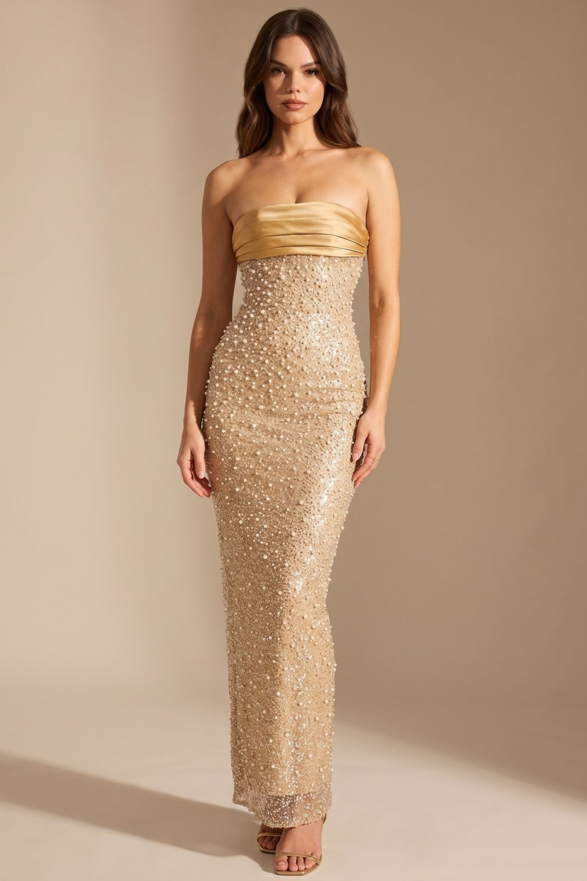 Gold Sequin Strapless Maxi Dress