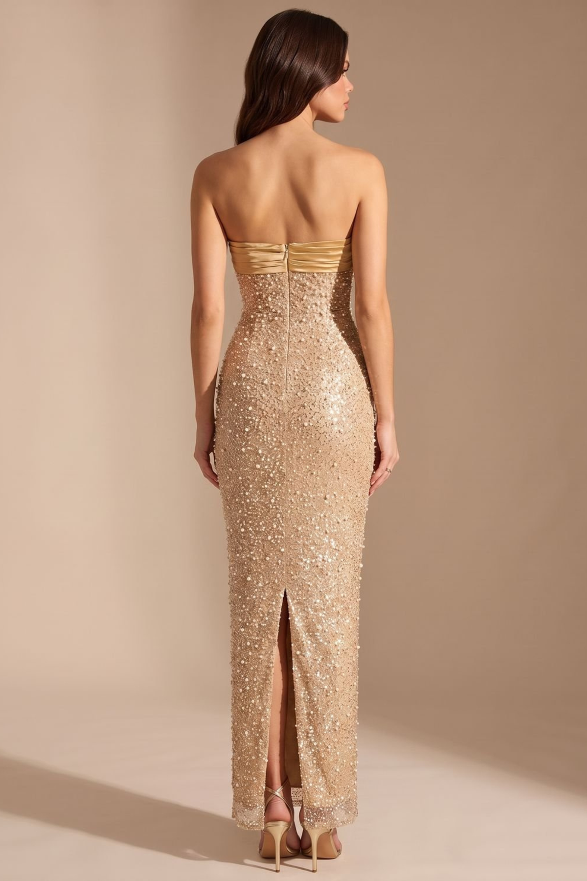 Gold Sequin Strapless Maxi Dress