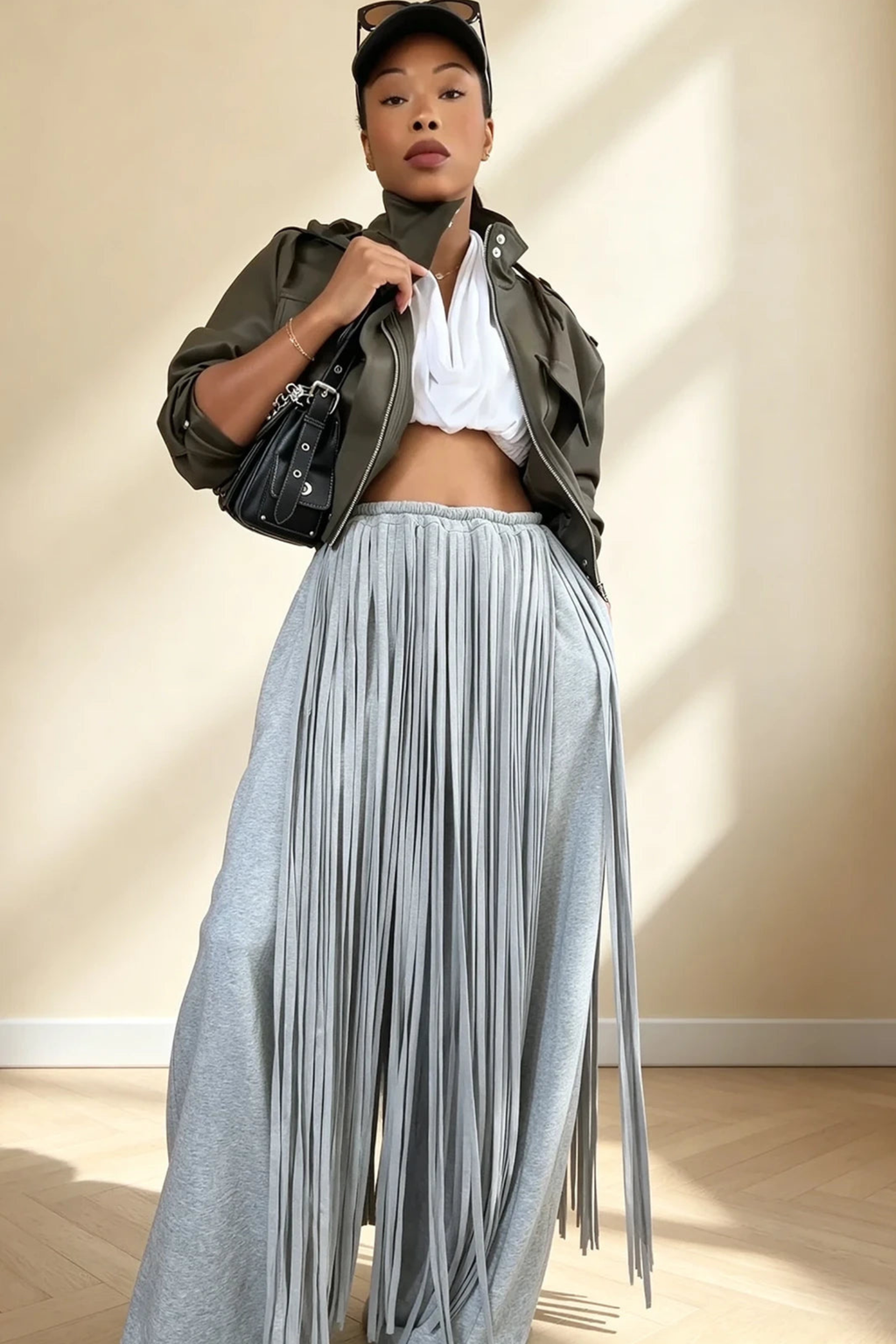 Grey Fringe Wide Leg Pants