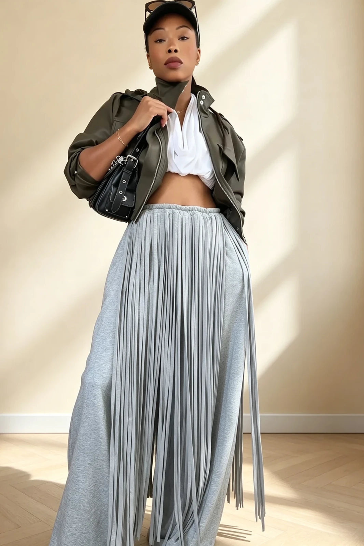 Grey Fringe Wide Leg Pants