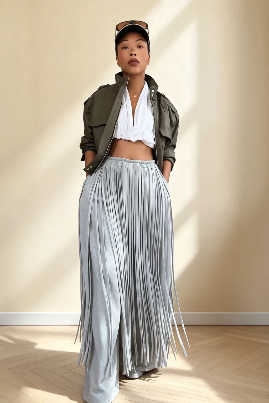 Grey Fringe Wide Leg Pants