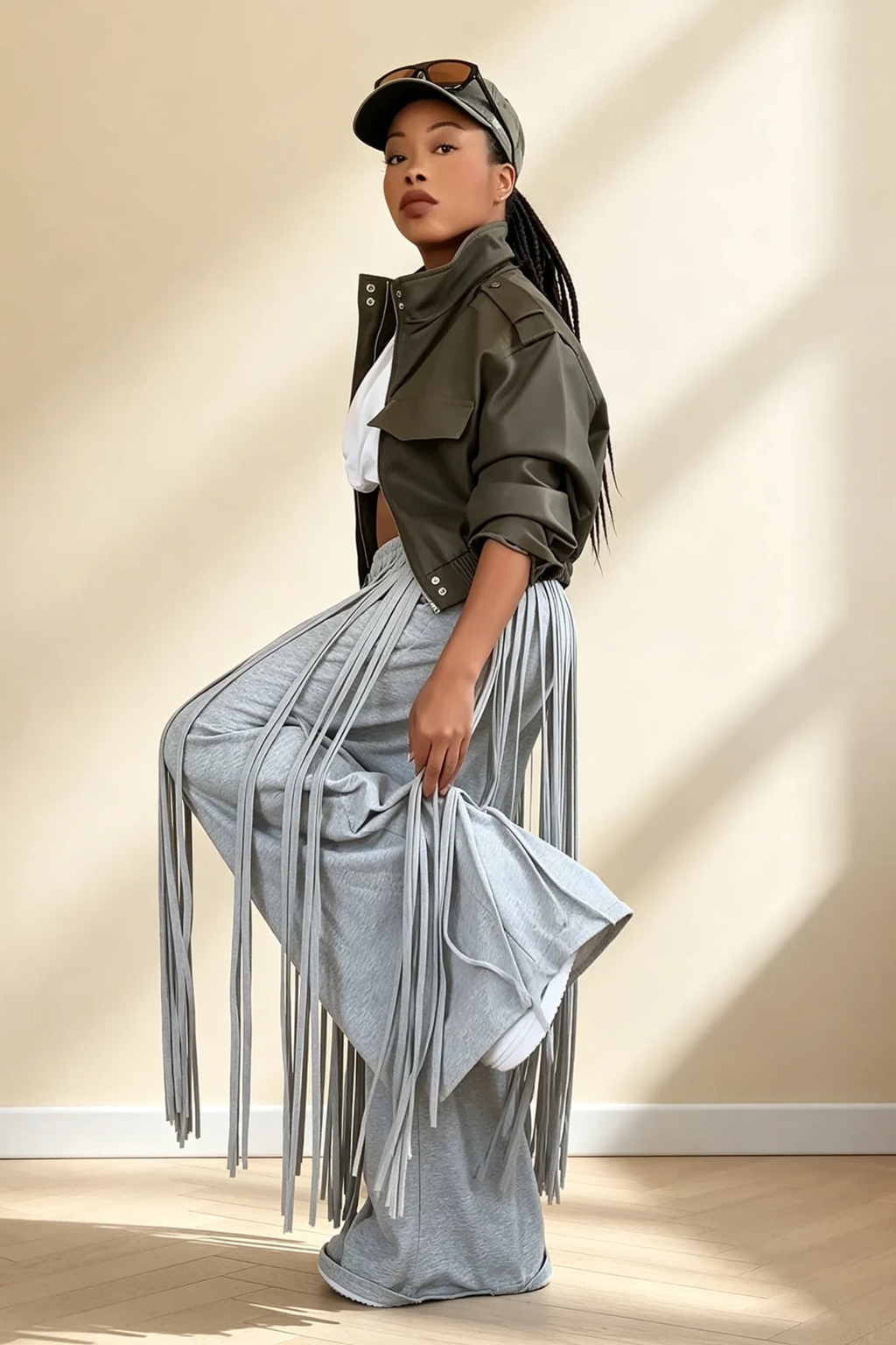 Grey Fringe Wide Leg Pants