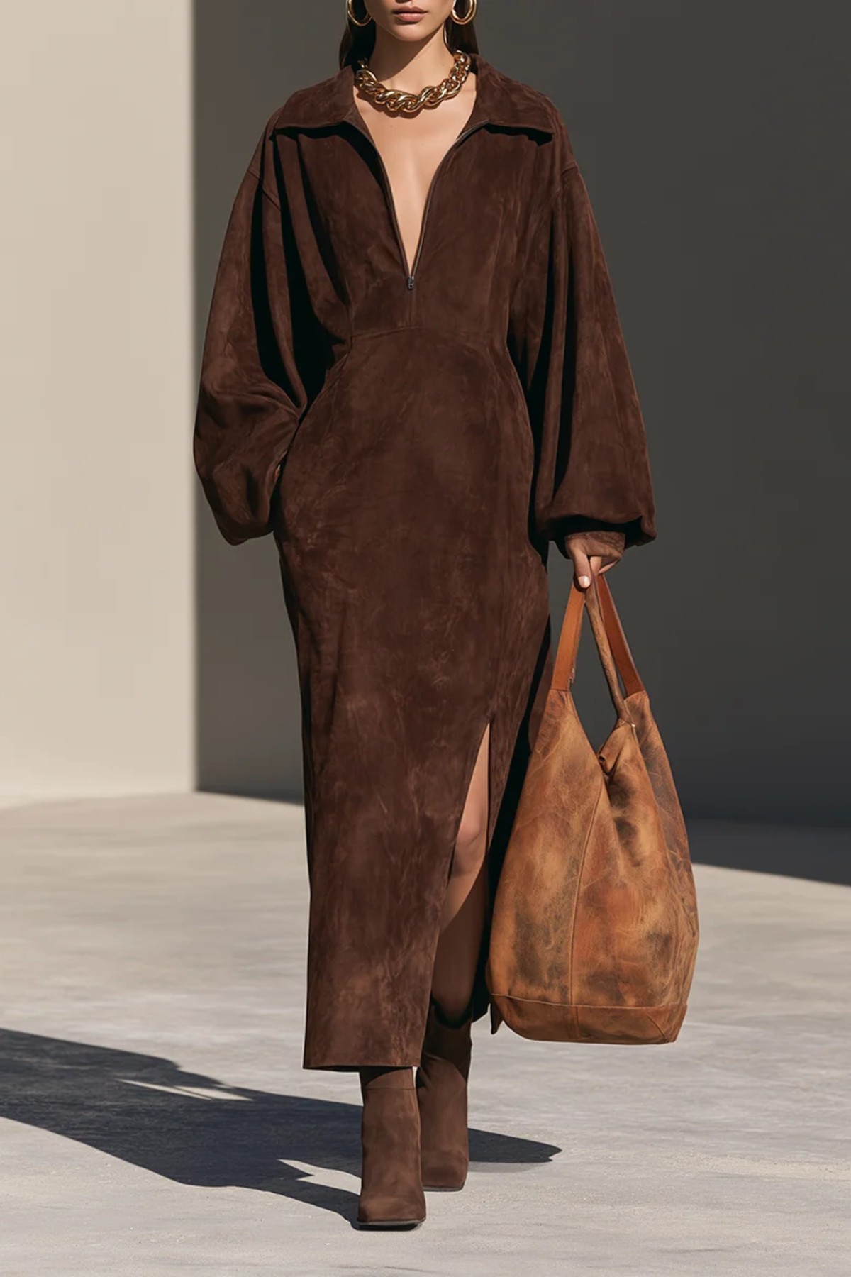 Half-Zip Brown Side Slit Maxi Dress