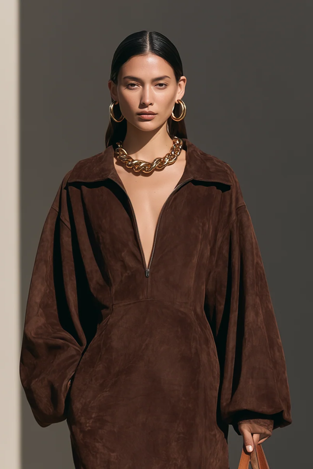 Half-Zip Brown Side Slit Maxi Dress