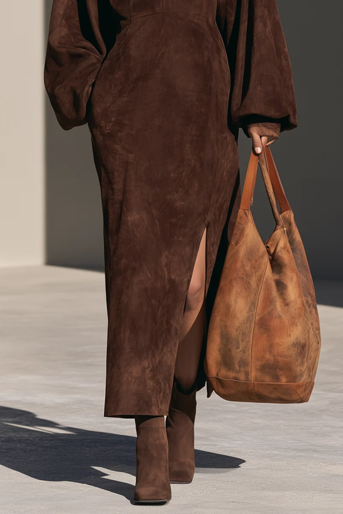 Half-Zip Brown Side Slit Maxi Dress