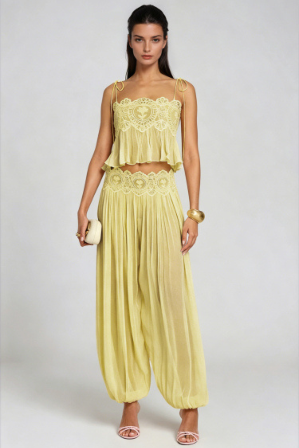 Hanieh Elegant Lace Ruched Pants Set