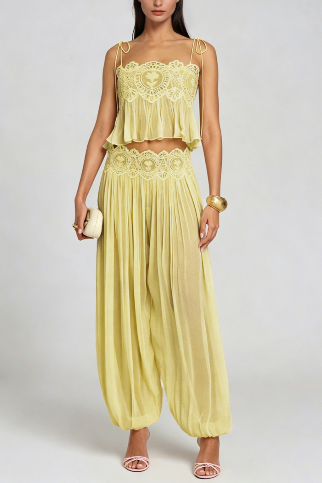 Hanieh Elegant Lace Ruched Pants Set