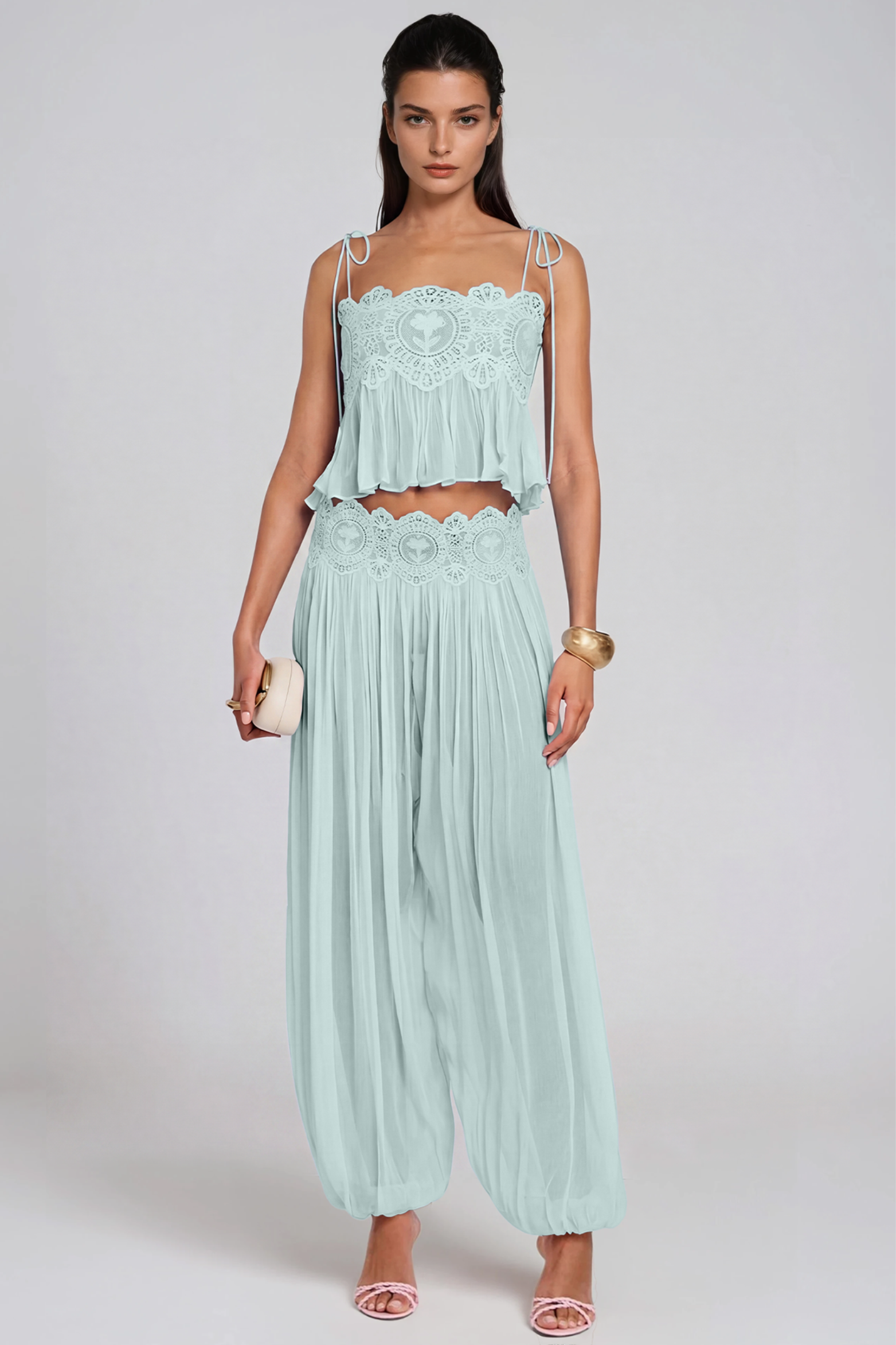 Hanieh Elegant Lace Ruched Pants Set