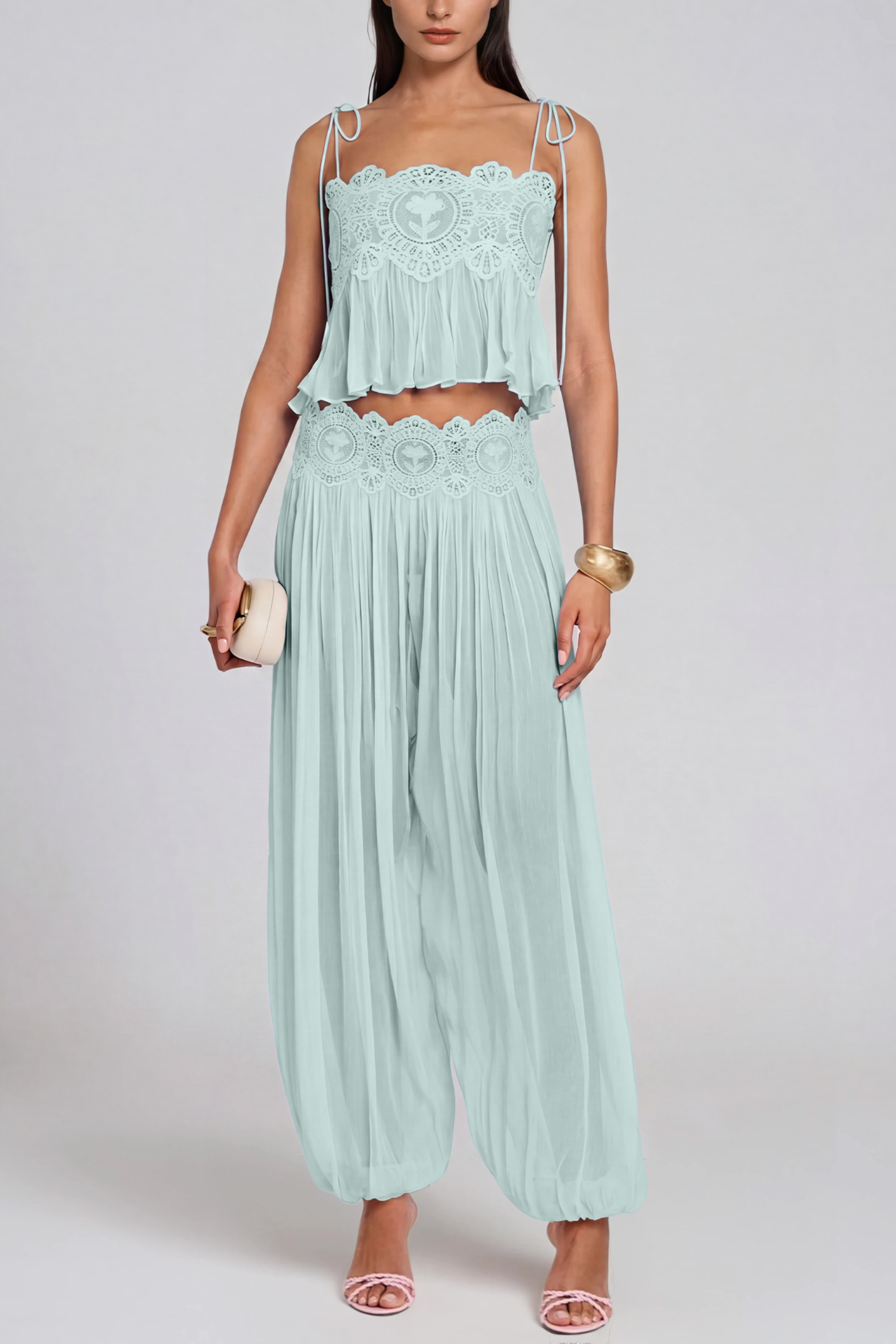 Hanieh Elegant Lace Ruched Pants Set