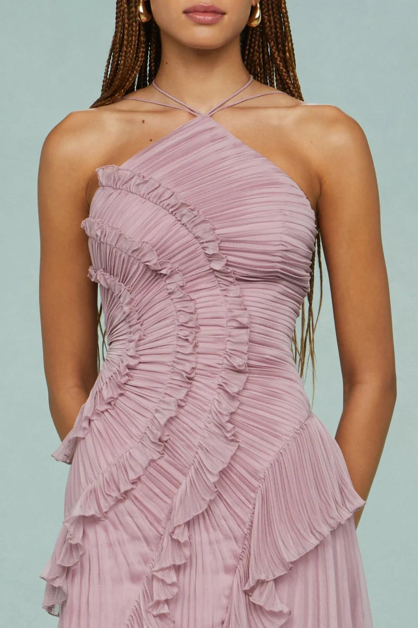 Pleated Frill Halter-Neck Maxi Dress