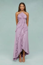 Pleated Frill Halter-Neck Maxi Dress
