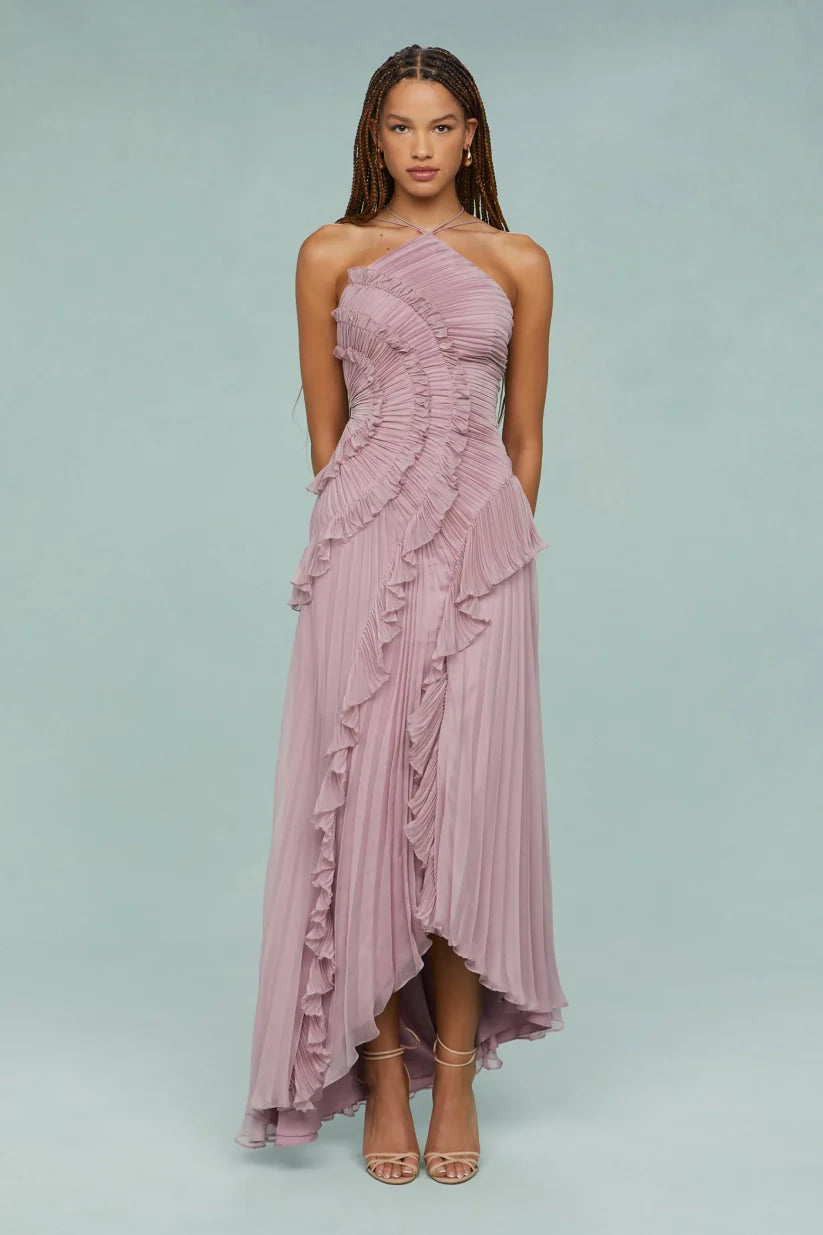 Pleated Frill Halter-Neck Maxi Dress