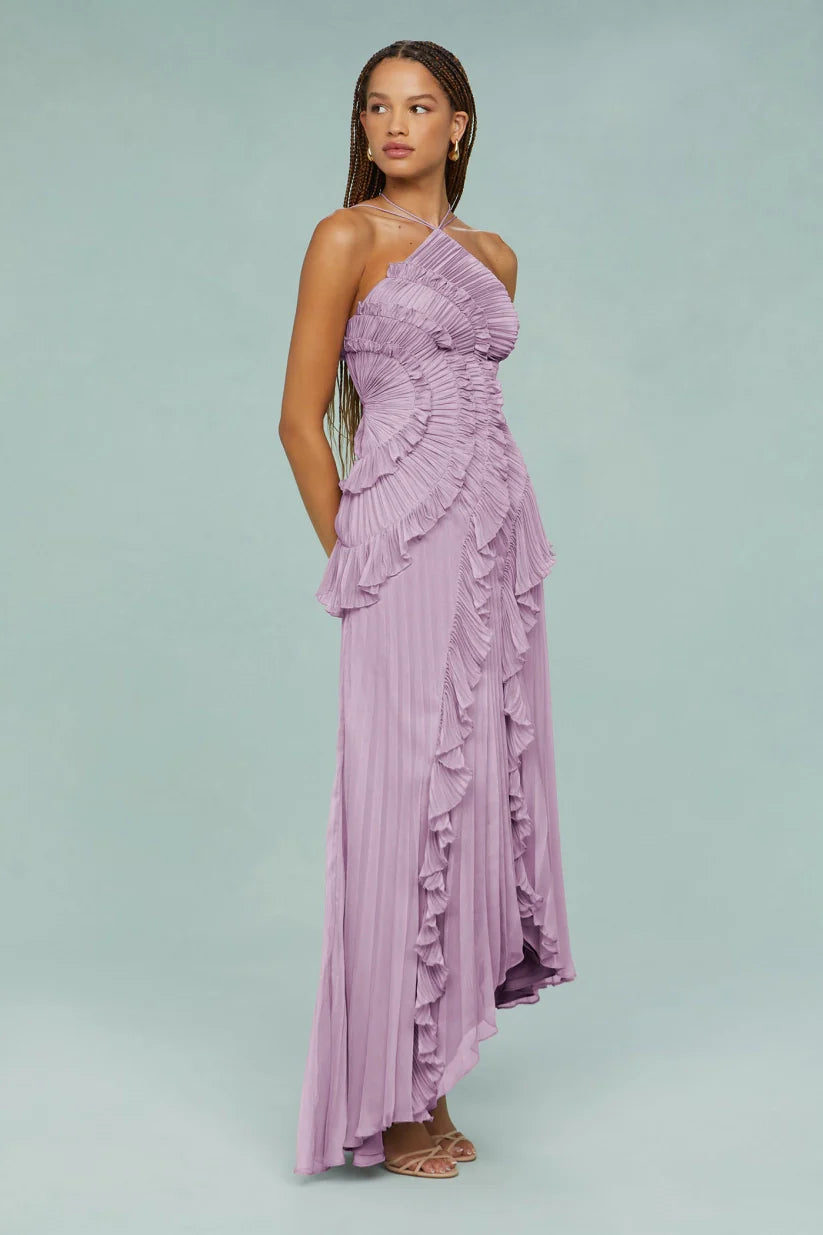Pleated Frill Halter-Neck Maxi Dress