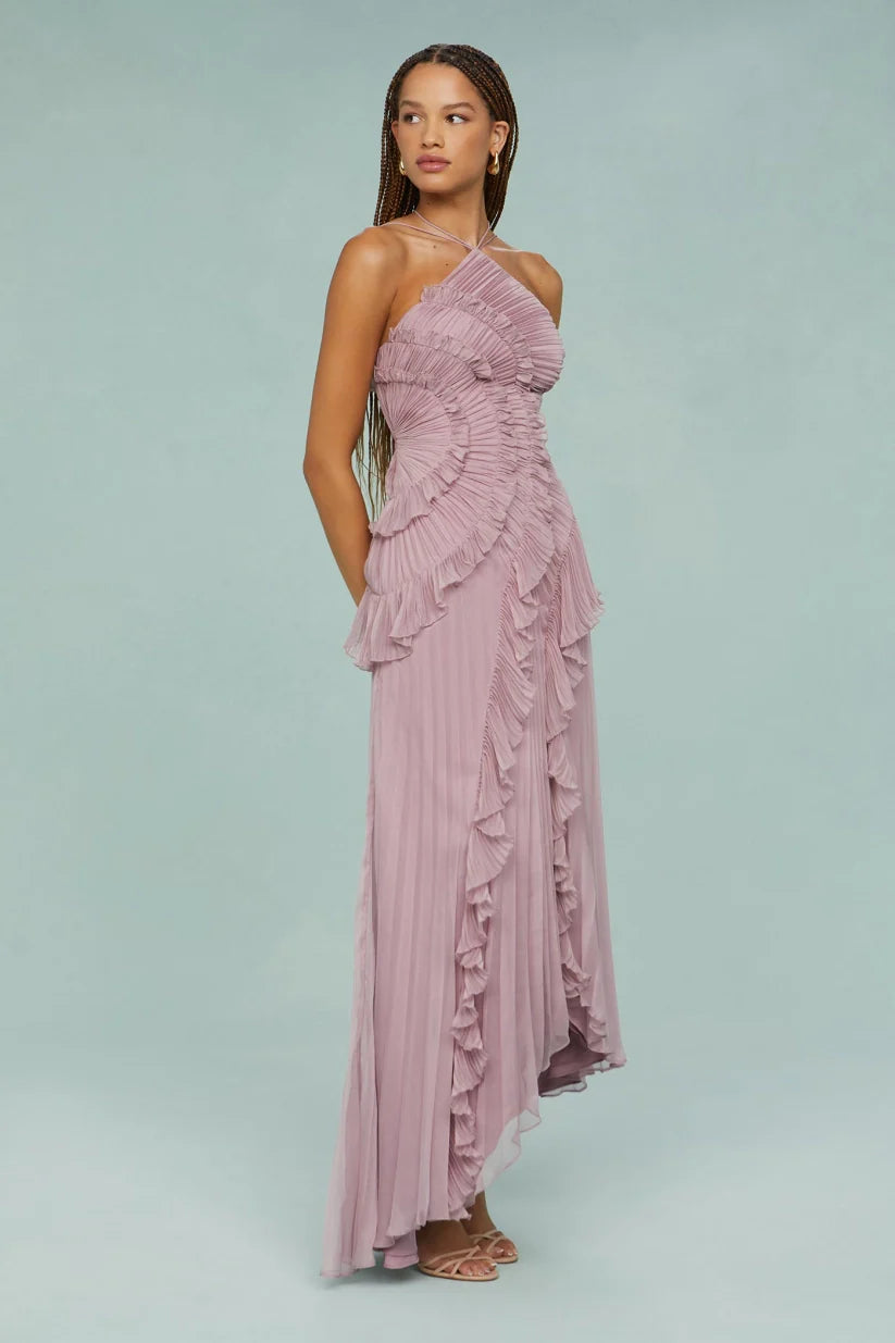 Pleated Frill Halter-Neck Maxi Dress