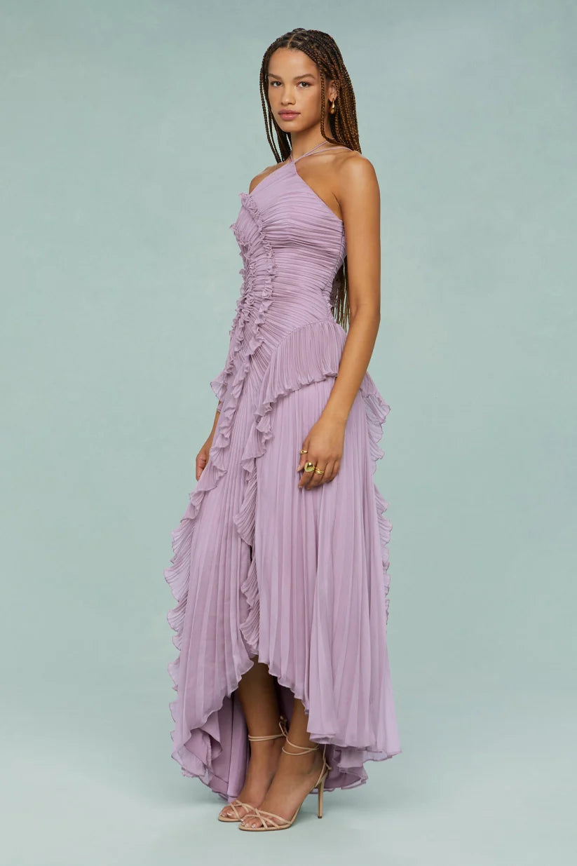 Pleated Frill Halter-Neck Maxi Dress