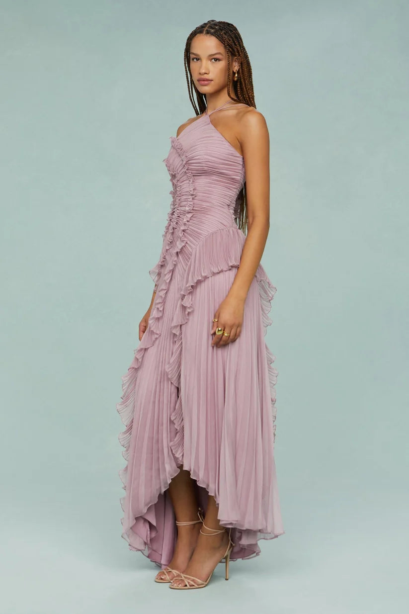 Pleated Frill Halter-Neck Maxi Dress