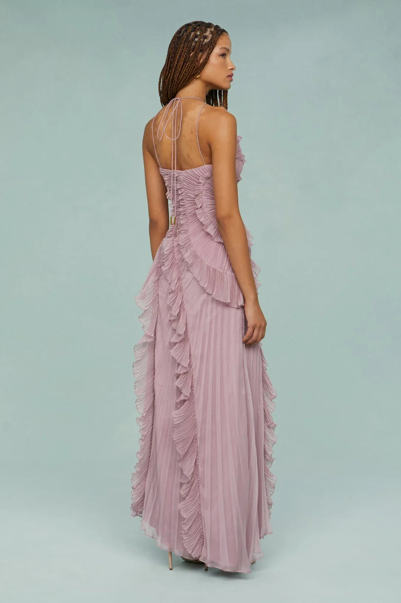 Pleated Frill Halter-Neck Maxi Dress