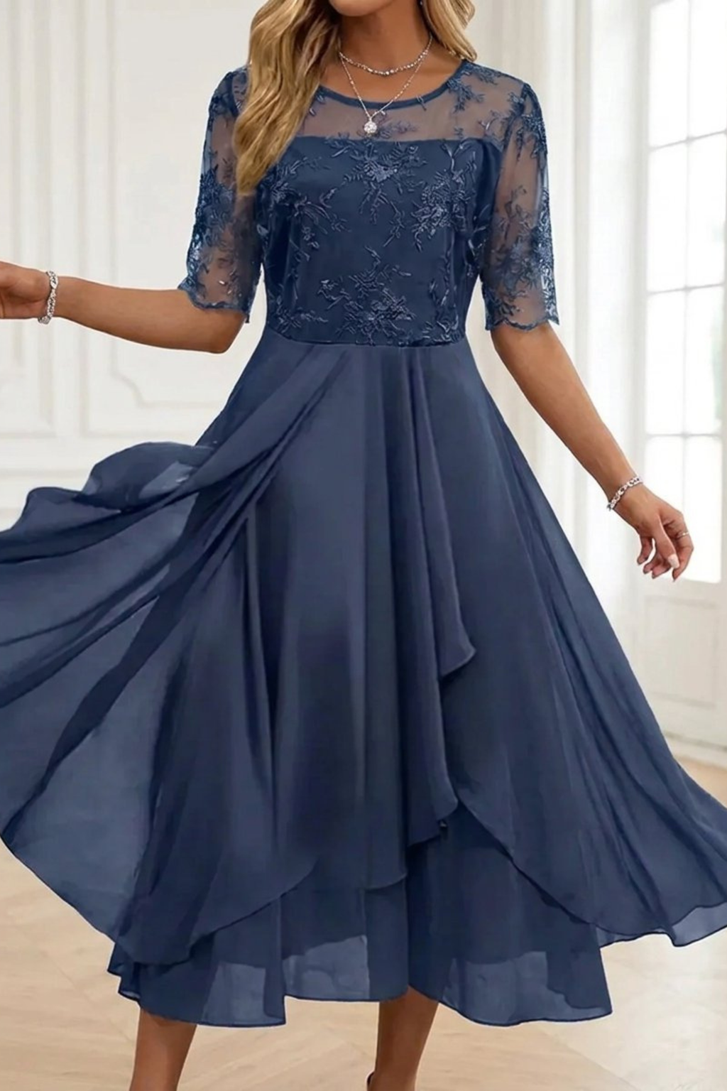 Lace Chiffon Midi Party Dress