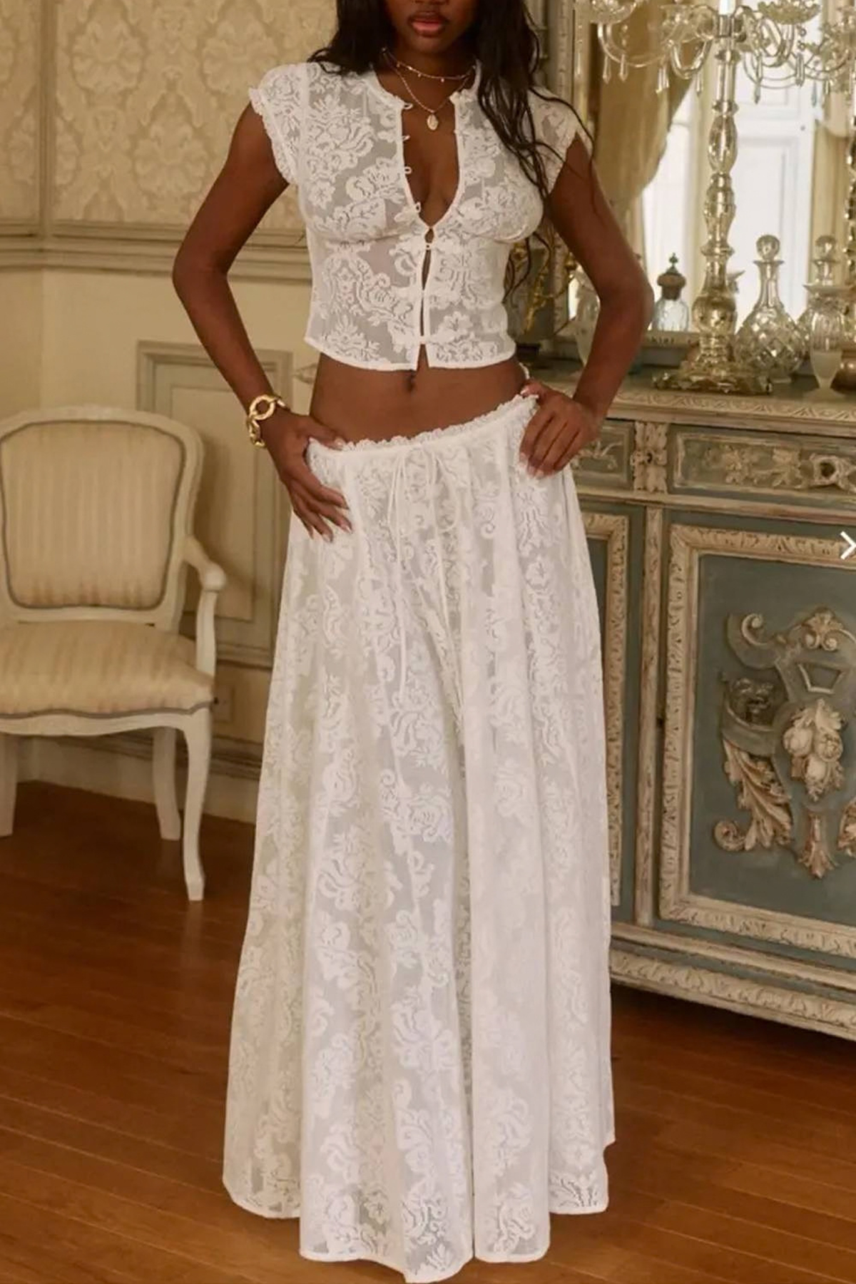 Lace Detail Cropped Top Pants Set