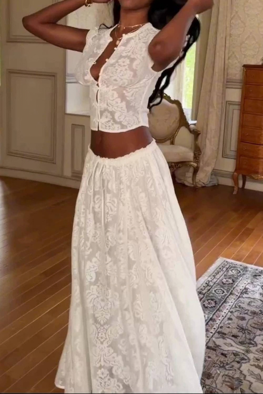 Lace Detail Cropped Top Pants Set