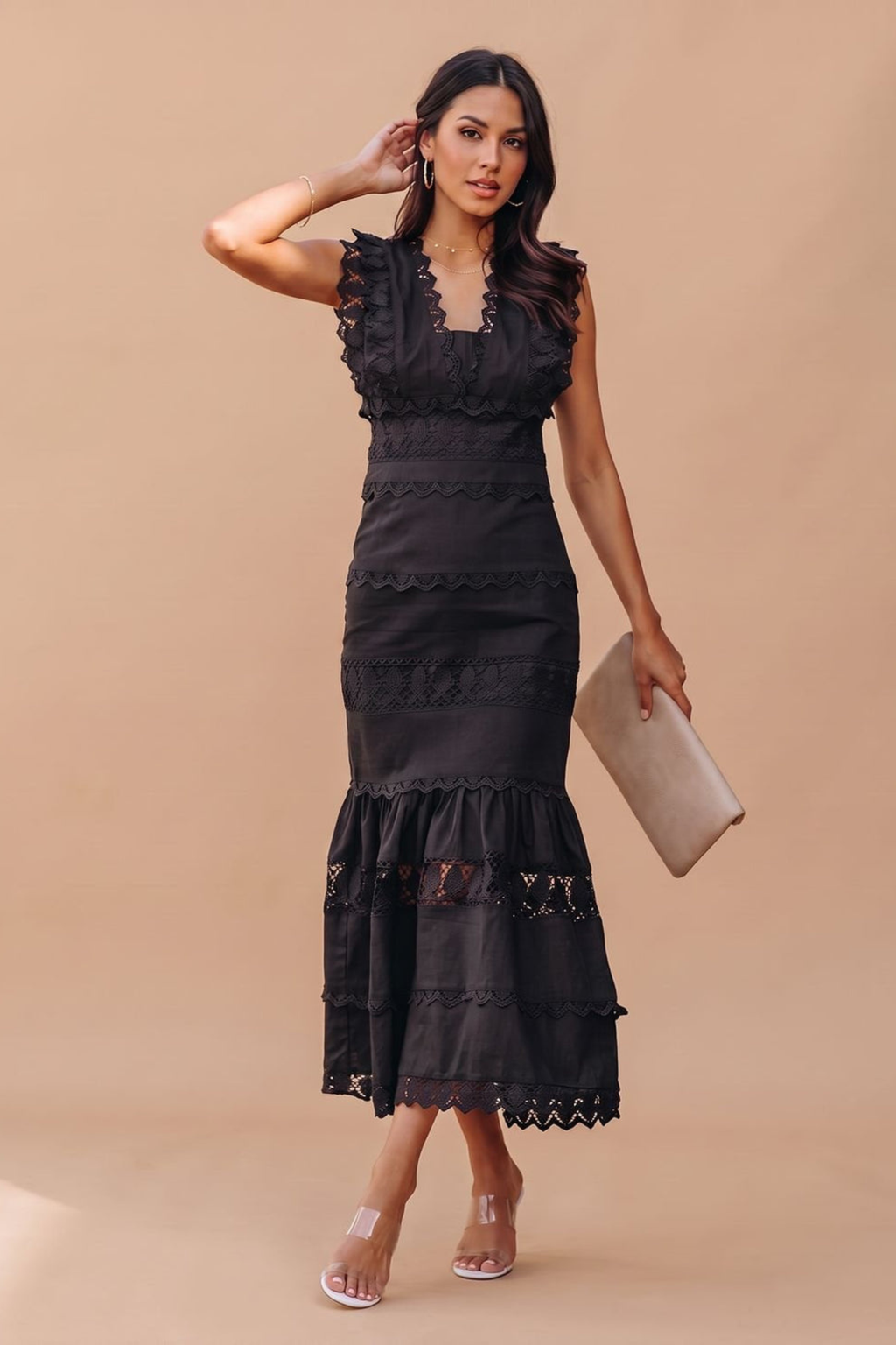 Lace Panel Flare Hem Maxi Dress