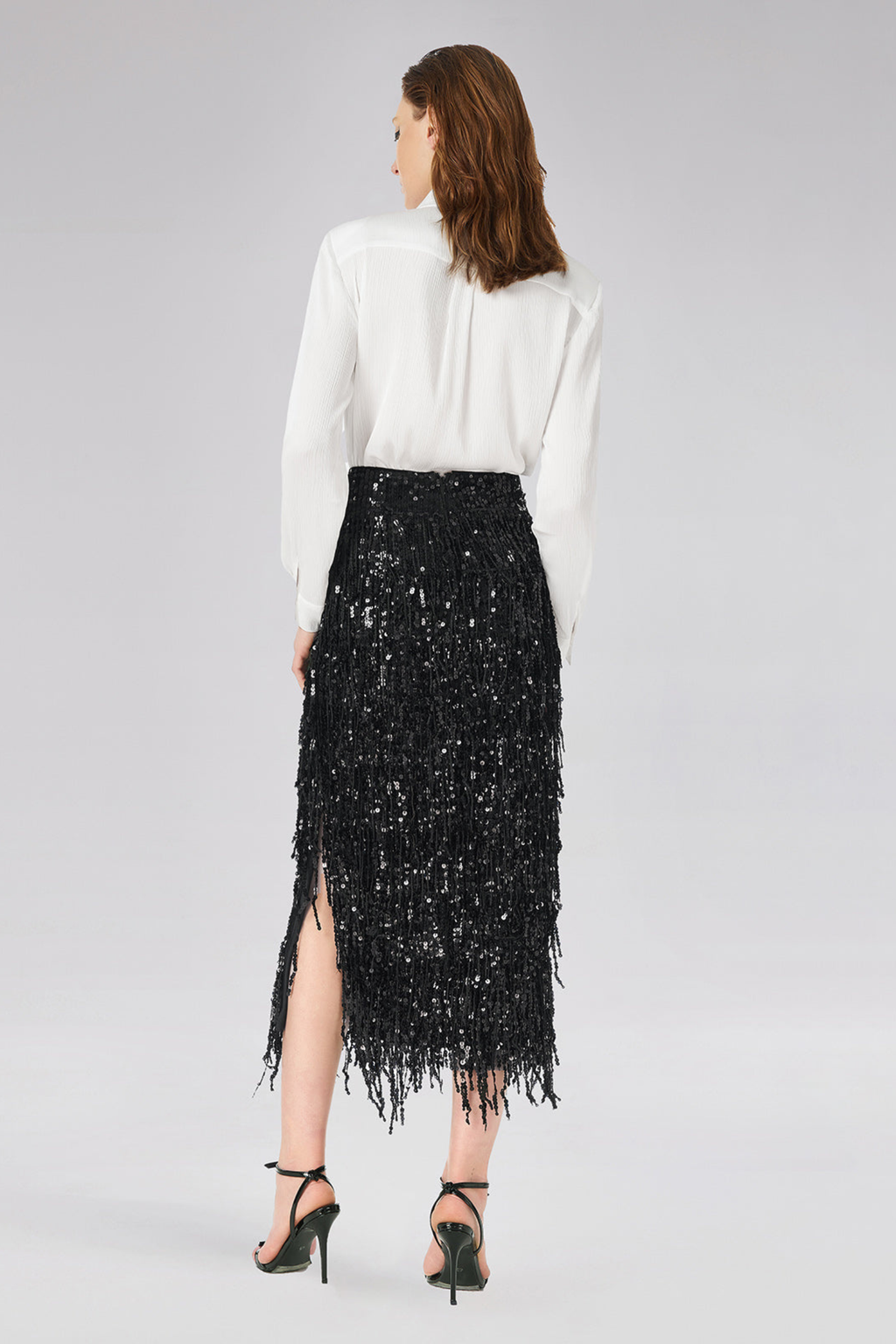 Layered Sequin Tassel Slit Midi Skirt