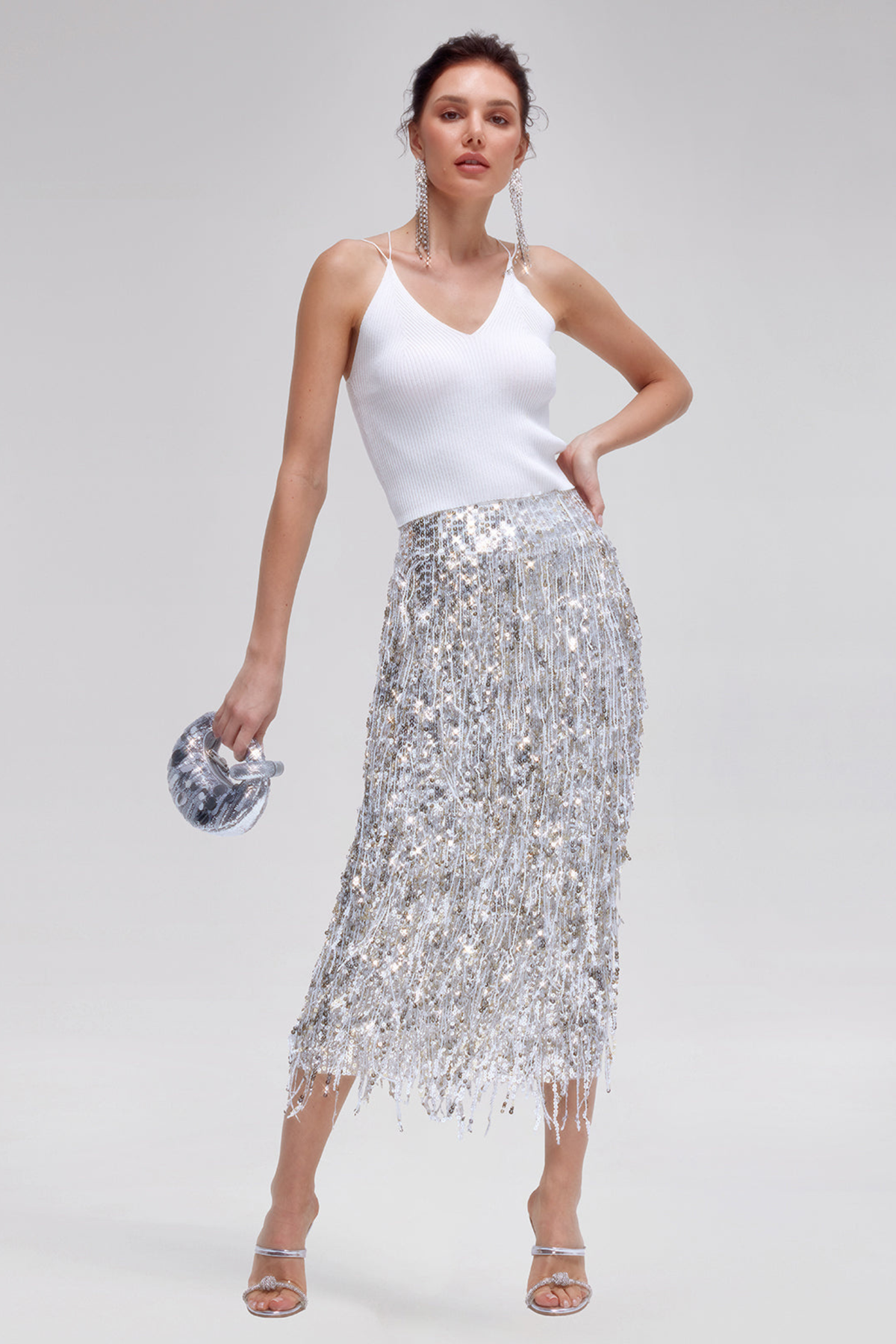 Layered Sequin Tassel Slit Midi Skirt