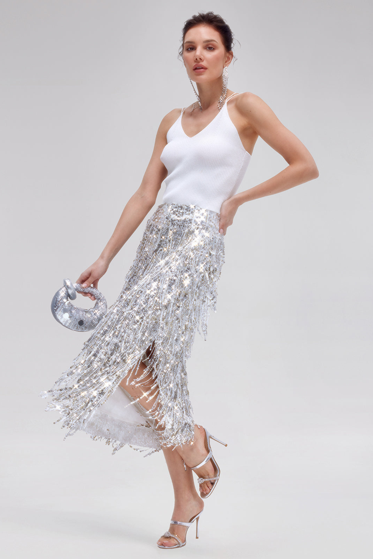 Layered Sequin Tassel Slit Midi Skirt