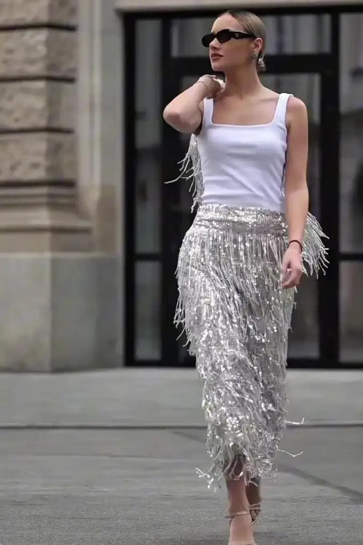 Layered Sequin Tassel Slit Midi Skirt